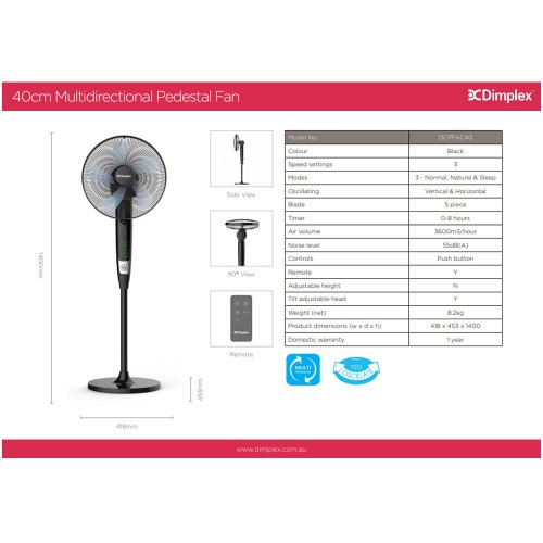 Rent to Buy Dimplex 40cm Multidirectional Pedestal Fan - DCPFAC40 - Colour  Black - Rent to Own | 1300RentBuy.com